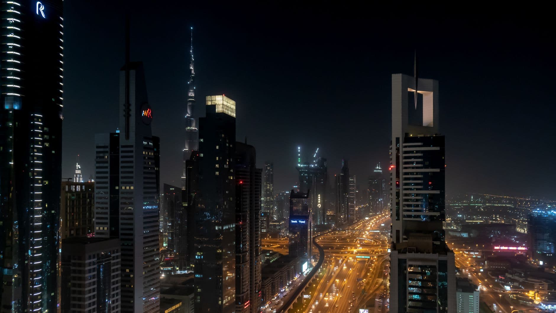 The Dubai skyline at dusk